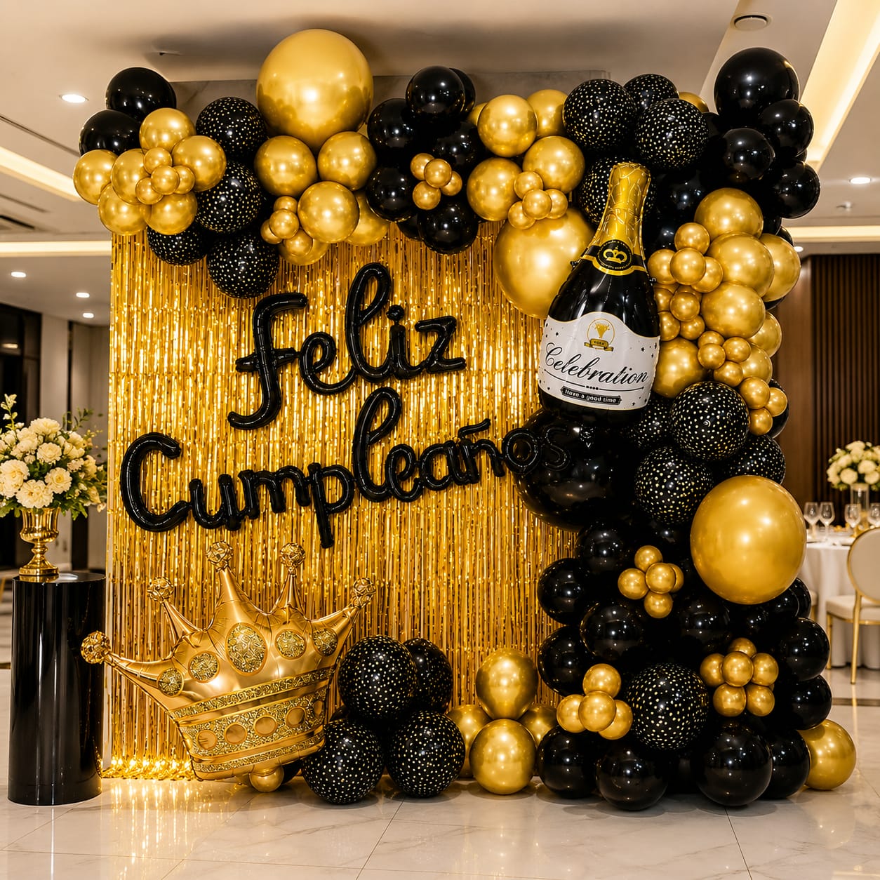 Kit Decoración Feliz Cumpleaños 81 Piezas Negro / Dorado